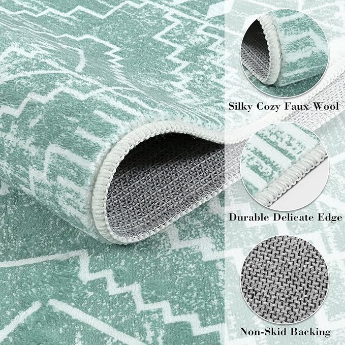 Wonnitar Moroccan 3x5 Area Rug, Sage Green Rug for Bedroom, Washable Farmhouse Kitchen Rug Non-Slip Living Room Throw Mat, Soft Non-Shedding Small Carpet for Bathroom Dorm Office (Mint Green,3'x5')