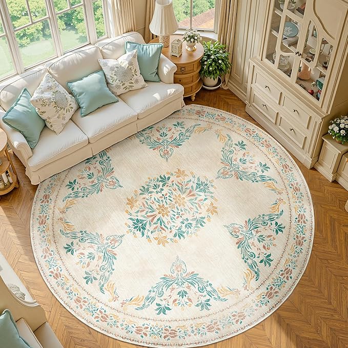 jinchan Round Rug 8ft Area Rug Vintage Floral Distressed Design Machine Washable Soft Non-Slip Low-Pile Ultra-Thin Circle Rug for Living Room Dining Room Bedroom Home Office (8' Round, Apricot Multi)