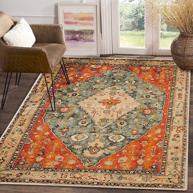 COMSLE Boho Area Rug, 4' x 6' Machine Washable Rugs for Entryway Faux Wool Large Rugs Distressed Throw Rug Non-Slip Floor Carpet for Indoor Bedroom Kitchen Living Room
