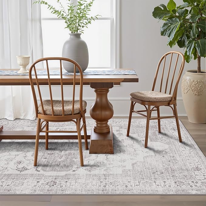 LUMI 8x10 Washable Low-Pile Area Rug for Living Room, Ultra Soft Vintage Rugs with TPE Non Slip Backing, Stain Resistant, Low Profile Carpet High Traffic for Bedroom, Dining Room
