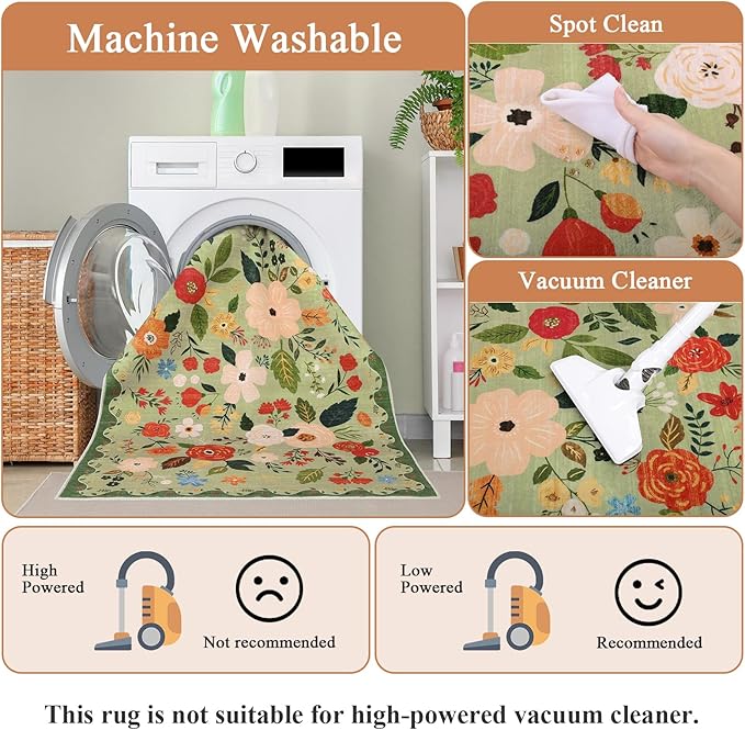 U'Artlines 5x7ft Vintage Floral Area Rug Machine Washable Ultra Soft Low Pile Non Slip Non Shedding Accent Floor Carpet for Living Room, Bedroom, Dining Room, Office (Green)