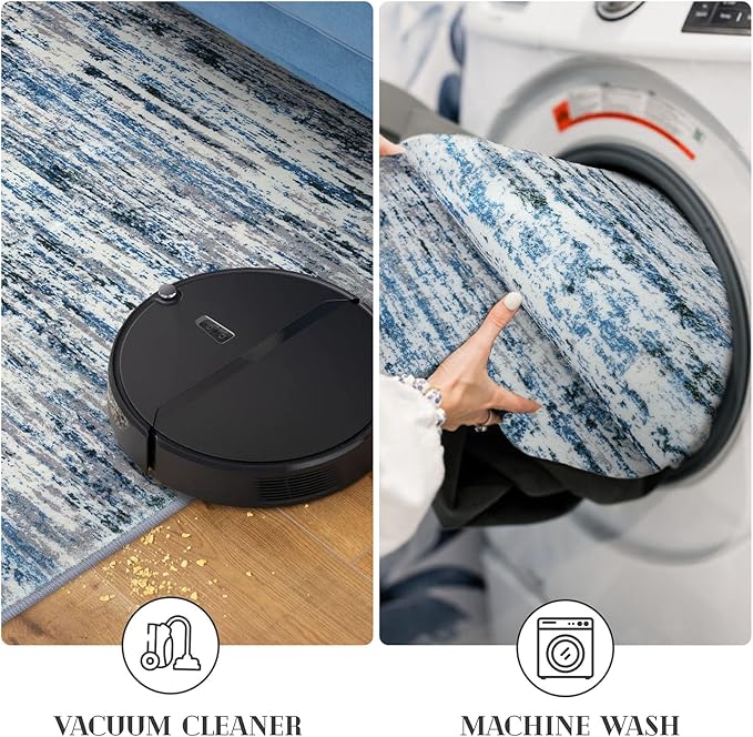 Modern Abstract Runner Rug 2.6x14, Grey Blue White Washable Long Kitchen Runner Non-Slip Soft Hallway Rug Runner Thin Print Faux Wool Carpet for Entryway Bedroom Laundry Room Indoor Home Decor