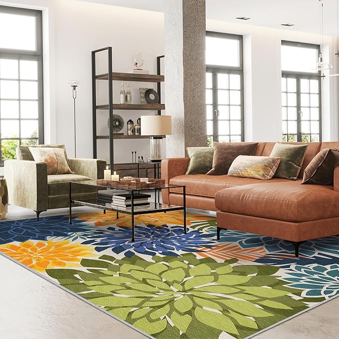 Colorful 9x12 Outdoor Area Rug Washable Multicolored Patio Rug Tropical Botanical Floral Chenille Waterproof Outdoor Carpet Non-Slip for Deck, Backyard, Porch, Green