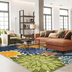 Colorful 5x8 Outdoor Area Rug Washable Multicolored Patio Rug Tropical Botanical Floral Chenille Waterproof Outdoor Carpet for Living Room, Deck, Backyard, Porch, Green