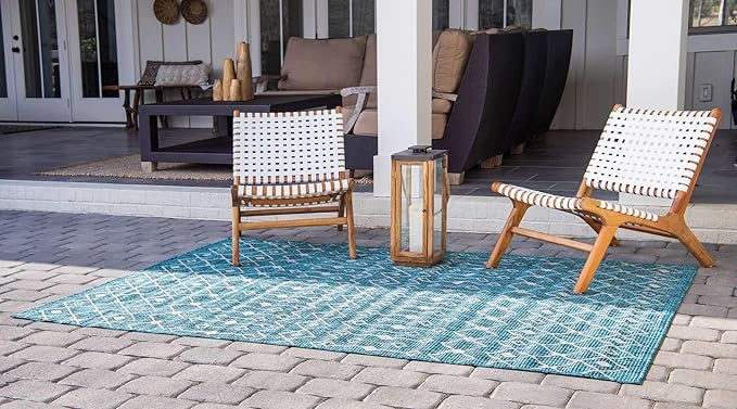 Unique Loom Outdoor Trellis Collection Area Rug - Tribal Trellis (5' 1" x 8' Rectangle, Teal/ Ivory)
