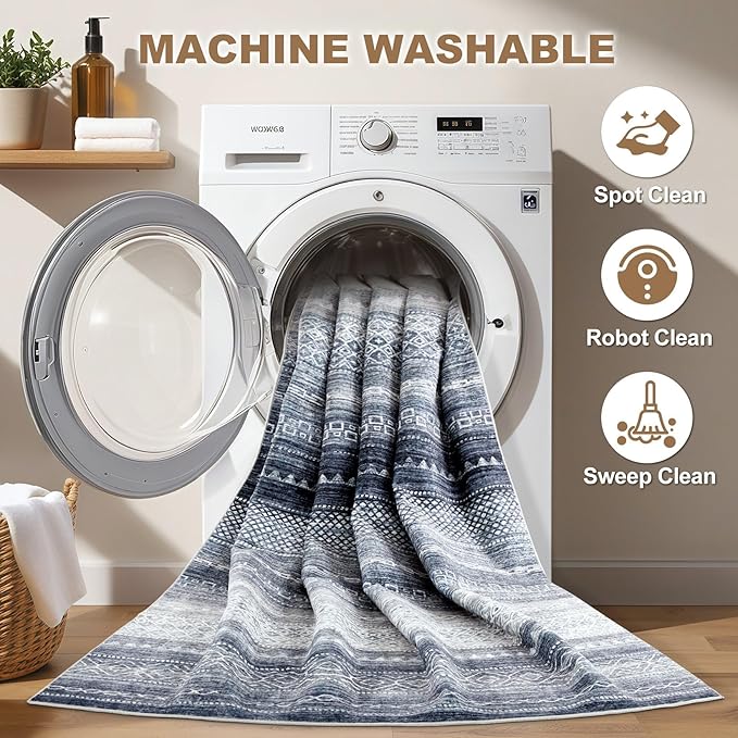 Nakagishi 10x12 Area Rug Living Room: Washable Boho Large Neutral Modern Soft Stain Resistant Farmhouse Indoor Floor Rug Non-Slip Accent Carpet for Bedroom Nursery Kids Playroom Office- Blue