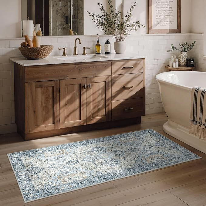 Runner Rug 2'6''x5,Non Slip Vintage Machine Washable Runner Rug, Low Pile Lighrweight Rugs for Entryway, Hallway, Kitchen and Corridor, Blue