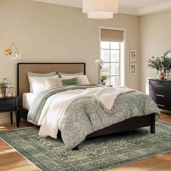 Vintage Washable Area Rug for Living Room,Low Pile 9x12 Non Slip Carpet Non-Shedding Area Rug Soft Indoor Stain Resistant Rug Floral Print Mat for Bedroom Dining Room Green