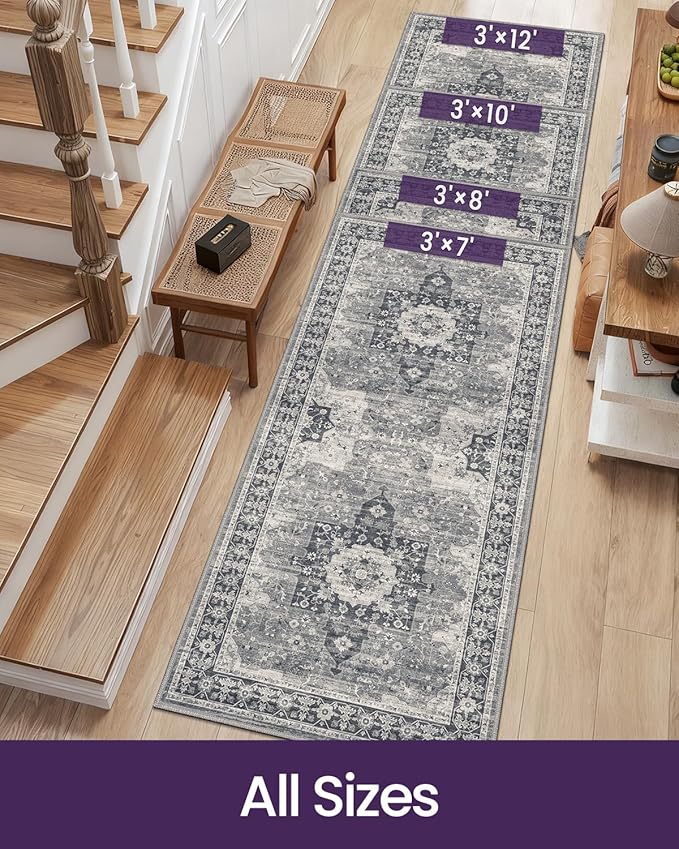 DEXI Hallway Runner Rug 3x12, Distressed Non Slip Runners Carpet, Boho Vintage Soft Thin Indoor Rug, Stain Resistant Washable Entry Mat for Entryway Kitchen Laundry Room Living Room, Blue Grey