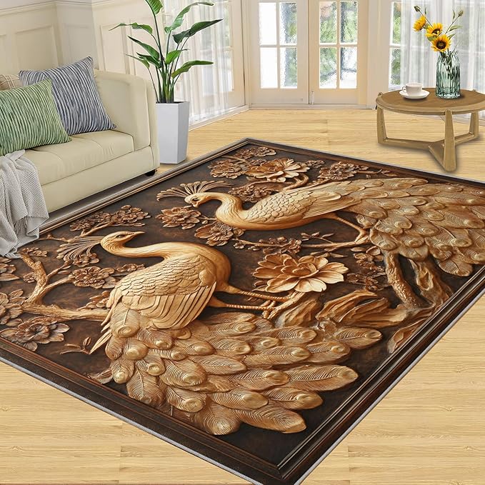 Peacock Rugs for Bedroom - 8x10 Rug, European Style Area Rugs for Living Room, Peacock Decor Carpet, Gold Peafowl Washable Area Mat, Luxury Carpet - Peafowl Home Decor & Gifts