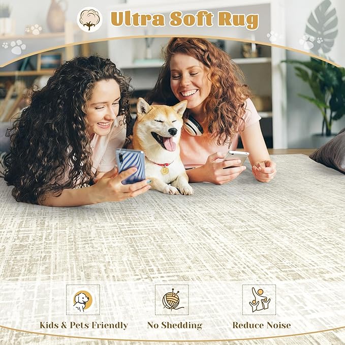 8x10 Area Rugs for Living Room, Washable Large Area Rug Neutral Modern Abstract Bedroom Rug Soft Non Slip Low Pile Stain Resistant Indoor Carpet for Nursery Kids Dining Room Office(Beige, 8'x10')