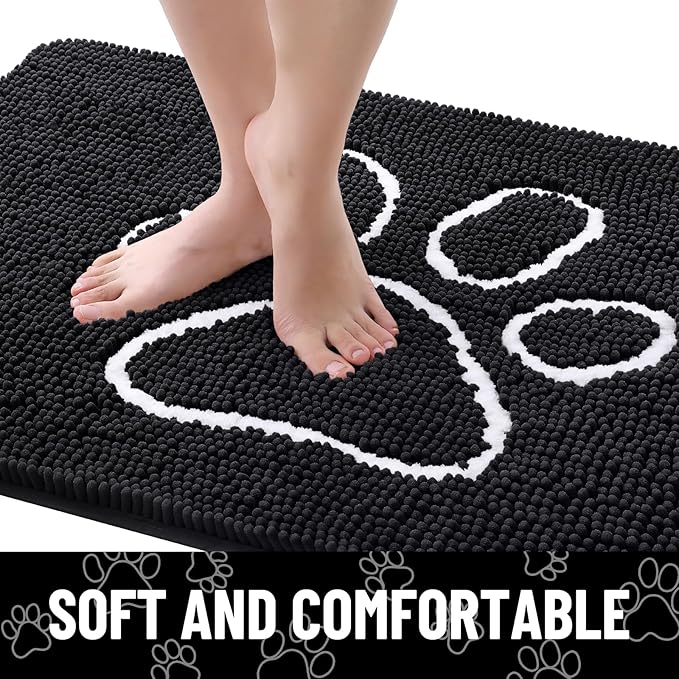 Smiry Dog Door Mat for Muddy Paws, Absorbent Dirt Trapper Non Slip Quick Dry Washable Chenille Mat for Mud Dogs, Entry Rug for Indoor and Outdoor (59x24 Inches, Black and White)