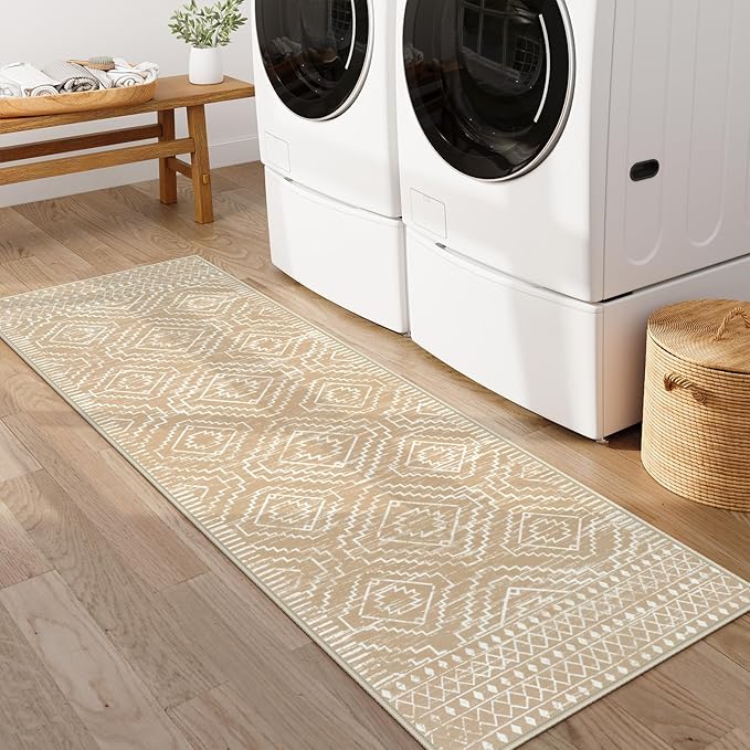 Wonnitar Washable Kitchen Runner Rug 2x6, Moroccan Runners for Hallway, Non Slip Bohemian Soft Bathroom Throw Mat Geometric Carpet Runner for Laundry Entryway Bedroom (Kakhi,2'x6')