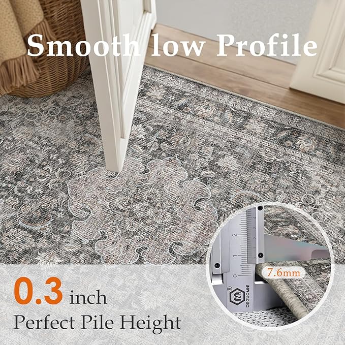 6x9 Washable Vintage Area Rug Black Grey Living Room Bedroom Carpet Non-Slip Soft Low Pile Distressed Indoor Throw Rug for Dining Room Entryway Office