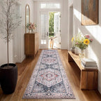 PURRUGS Vintage Farmhouse Boho Runner Rug 2x8 ft, Non-Slip Machine Washable Rug, Accent Oriental Area Rug for Kitchen, Hallway, Entryway, Bedroom, Living Room and Dining Room, Coral Red/Marine Blue