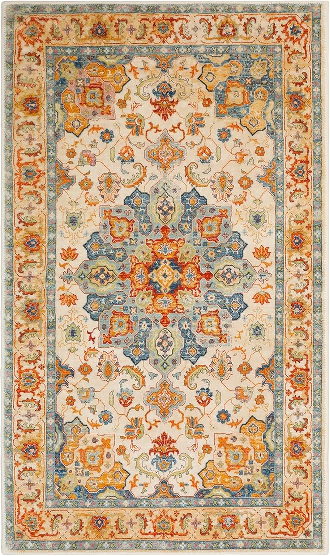 COMSLE Boho Area Rug, 3' x 5' Machine Washable Rugs for Entryway Faux Wool Large Rugs Distressed Throw Rug Non-Slip Floor Carpet for Indoor Bedroom Kitchen Living Room