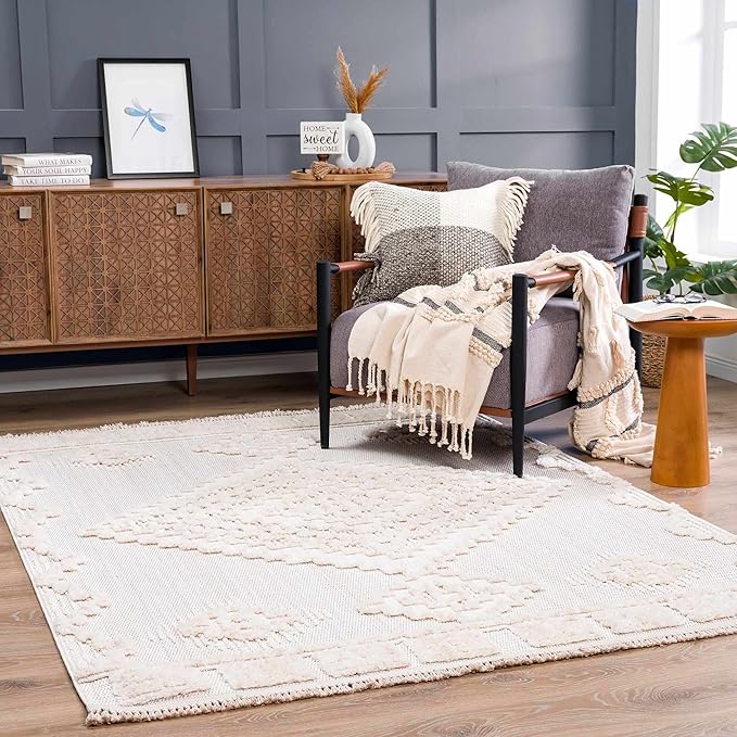 Hauteloom Rosales Farmhouse Living Room Bedroom Modern Moroccan Medallion Area Rug - Soft Shaggy High Low Carpet - High Pile - Bohemian, Boho - White, Beige, Cream - 7'10" x 10'