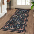 Boho 2x5 Runner, Black Navy Floral Washable Hallway Runner, Non-Slip Kitchen Runner, Super Thin Printed Faux Wool Soft Carpet for Entryway, Front Door, Backdoor, Bedside