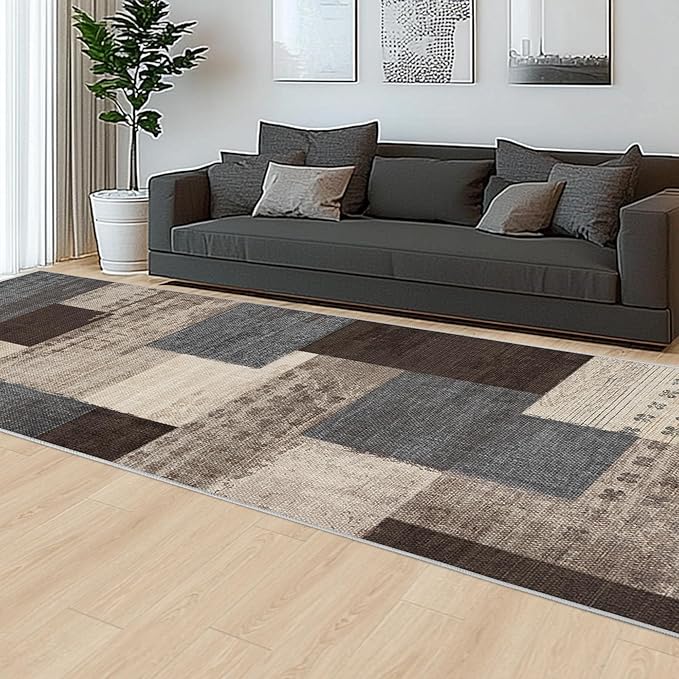 Modern Geometric Patchwork Indoor Runner Rug for Living Room, Blue-Taupe 2.7'x 8' Rug Rockwood Collection Hardwood Floors Decor for Bedroom, Blue Throw Carpet for Office Entryway Dining Room