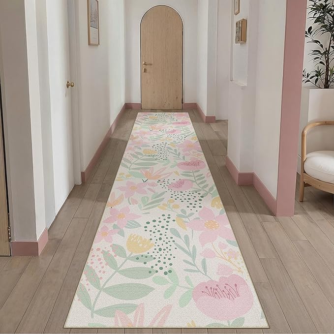 Floral Runner Rug 2x8 Washable Hallway Pink Bedroom Non Slip Cute Long Kitchen Carpet Botanical Indoor Soft Accent Rug for Bathroom Dining Laundry Living Room