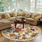 6ft Round Machine Washable Area Rug for Living Room, Beige Vintage Boho Floral Rug Large Non-Slip Low Pile Soft Faux Wool Carpet, Kids and Pets Friendly for Bedroom Nursery Farmhouse Home Decor Rug