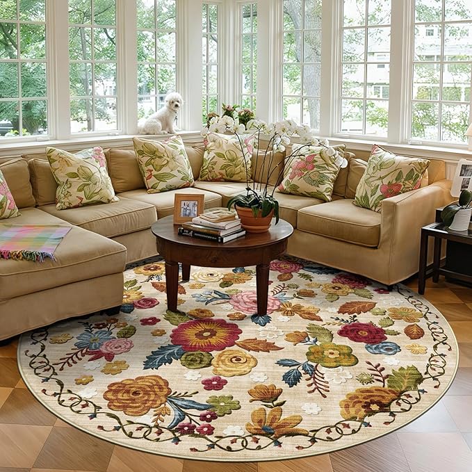 6ft Round Machine Washable Area Rug for Living Room, Beige Vintage Boho Floral Rug Large Non-Slip Low Pile Soft Faux Wool Carpet, Kids and Pets Friendly for Bedroom Nursery Farmhouse Home Decor Rug