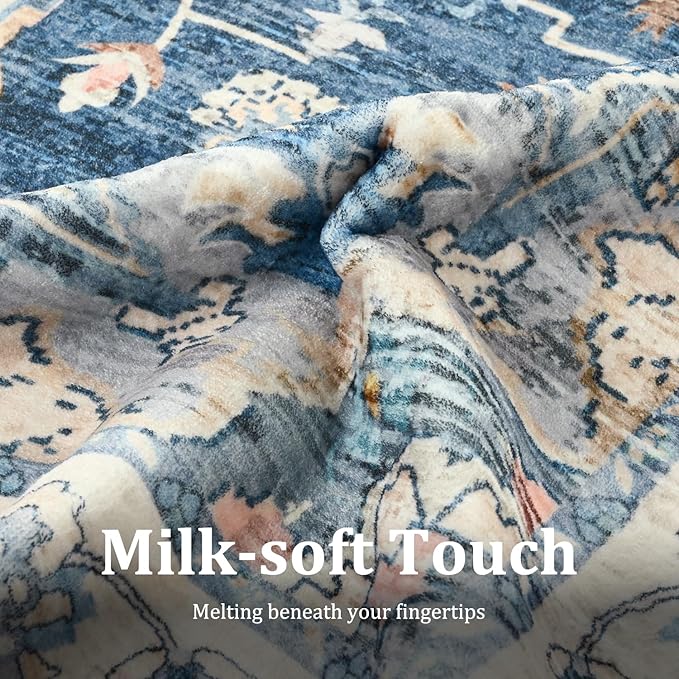 Area Rugs 4x6, Low Pile Washable Rugs, Soft Vintage Distressed Rugs for Bedroom, Living Room, Dining Room, Water Repellent, Non Shedding, Blue and Orange