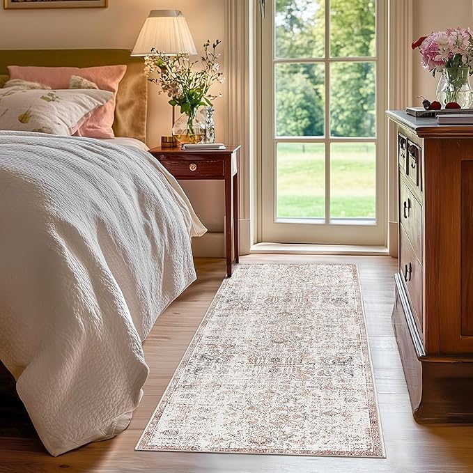 jinchan Kalen Runner Rug 2x5 Washable Hallway Rug Vintage Indoor Thin Retro Floor Cover Distressed Floral Country Lightweight Non Slip Carpet for Entryway Bathroom Kitchen Bedroom Living Room Red