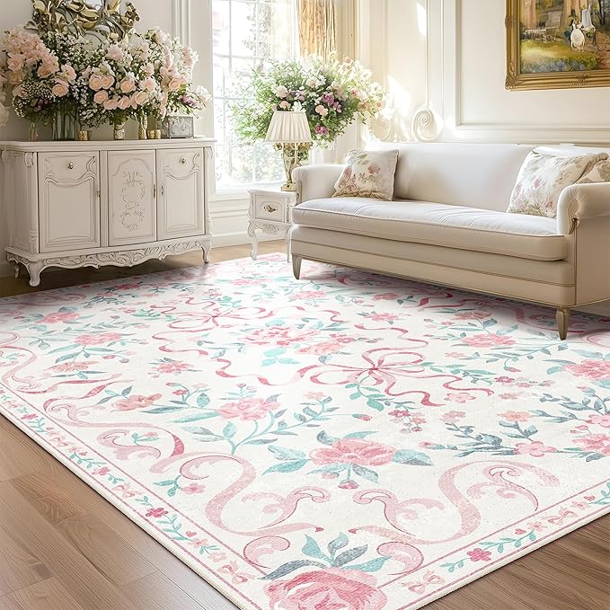 Pink Rug Bow Floral Rug for Girls, 5x7 Washable Area Rugs for Bedroom Living Room, Kitchen,Dining Room,Kids Room, Playroom, Cute Ultra-Thin Non Slip Low Pile Indoor Carpet