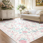 Pink Rug Bow Floral Rug for Girls, 5x7 Washable Area Rugs for Bedroom Living Room, Kitchen,Dining Room,Kids Room, Playroom, Cute Ultra-Thin Non Slip Low Pile Indoor Carpet