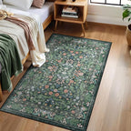 3x5 Washable Area Rug Floral Green Entryway Small Rug Vintage Forest Low Pile Non Slip Stain Resistance Soft Carpet for Kitchen, Bedroom Beside, Laundry Room, Office Rug, Kids Room, Nursery Room