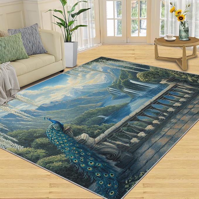 Peacock Rug Small - 4x5 Rug, Peacock Decor Washable Rugs for Living Room, Nature Waterfall Carpet, Natural Landscapes Non-Slip Area Rugs for Bedroom, Aesthetics Carpet - Peafowl Home Decor & Gifts