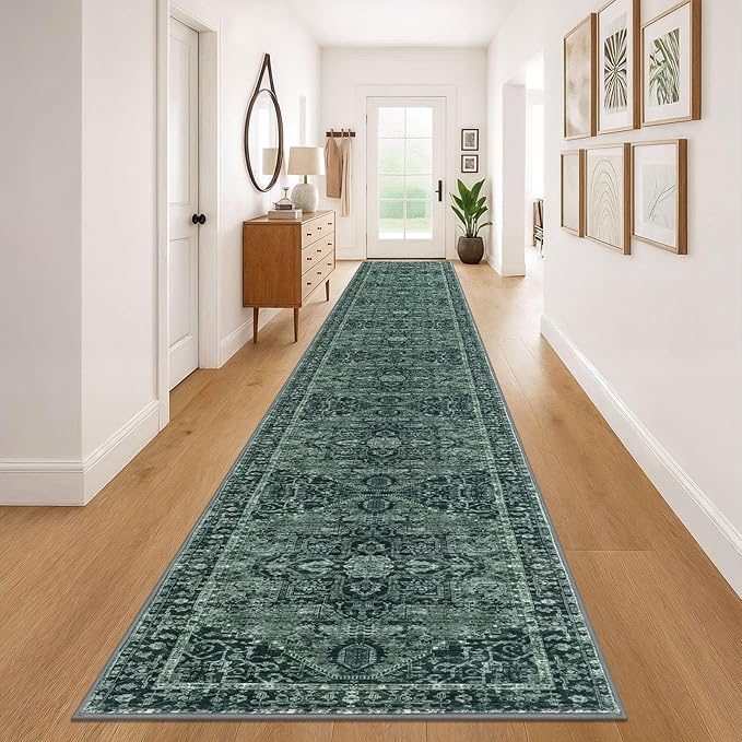KOZYFLY Runners for Hallways 3x20 Ft Extra Long Faux Wool Washable Thin Hallway Rug Printed Runner Carpet for Entryway Bedroom Stair Kitchen Hall Living Room Decor, Dark Green