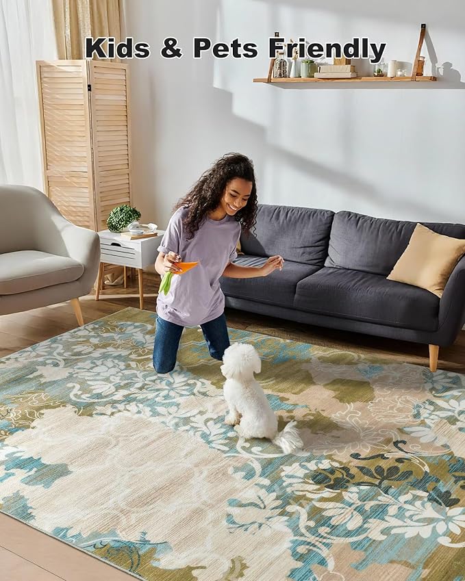 Washable Abstract Rug, 5x7 Willow Green and Blue Floral Area Rugs with Non-Slip Rubber Backed for Bedroom, Low Pile Modern Throw Carpet Kitchen Living Room Decor