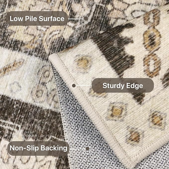 5x7 Area Rug Machine Washable Boho Rug for Living Room,Ultra-Thin Low Pile Carpet,Lightweight Indoor Printed Rug,Non Slip Floral Area Rug for Bedroom, Dining Room, Home Office,Brown