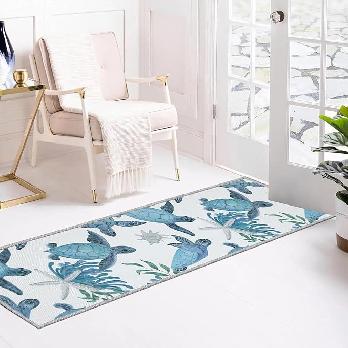 Tritard Coastal Sea Turtles Hallway Runner Rug 2x6 Beach Themed Starfish Area Rug Runner Non-Slip Washable Entryway Doormat Indoor Entrance Carpet for Kitchen Bathroom Laundry Bedroom Living Room