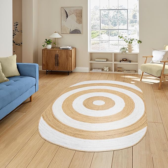 6x12 Oval Kilim Jute Runner – Hand Braided Jute Rug, Handmade Boho Flatweave, Solid White Beige Oval Carpet, 0.27" Thick for Hallway, Entryway, Indoor Outdoor Corridor