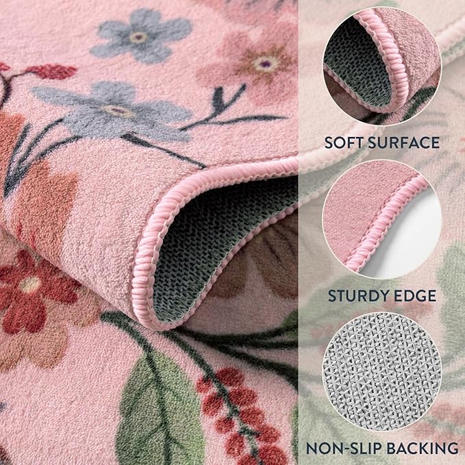 Lahome Floral Washable Rugs, 4X6 Pink Rugs for Bedroom Girls Ultra-Thin Soft Living Room Rug, Non-Slip Stain Resistant Boho Lightweight Low-Pile Throw Carpet for ‎Nursery Office (4x6ft, Pink)
