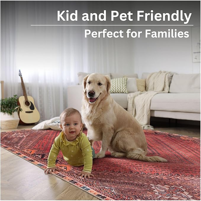 Bloom Rugs Washable Non-Slip 3' x 5' Rug - Red/Multicolor Traditional Bordered Area Rug for Living Room, Bedroom, Dining Room, and Kitchen - Exact Size: 3' x 5'