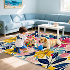 Pink Flowers Summer Area Rug for Living Room, Non-Slip Backing Low Pile Modern Abstract Rug for Indoor Use, 5x7 Washable Carpet