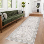 Floral 3x8 Wide Hallway Runner - Light Gray with Taupe Accent, Boho Eclectic Decor, Washable Low Pile Non Slip Stain Resistant Rug for Long Kitchen, Large Bathroom, Hall Way