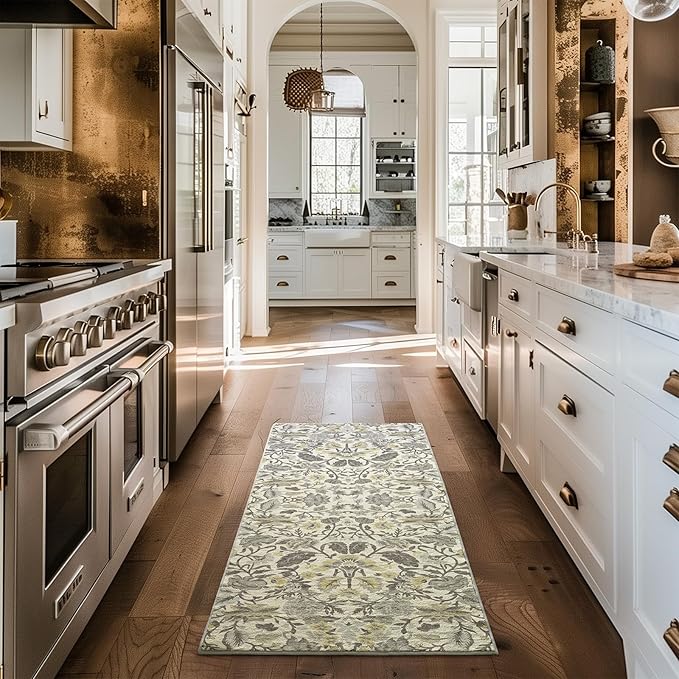 EVERGRACE Hallyway Area Runner Rugs 2x6, Boho Floral Faux Wool Indoor Outdoor Rugs, Washable Rugs for Bedroom Bathroom Living Room Kitchen, Low Pile Floor Mat Carpet for Home Decor, Gray