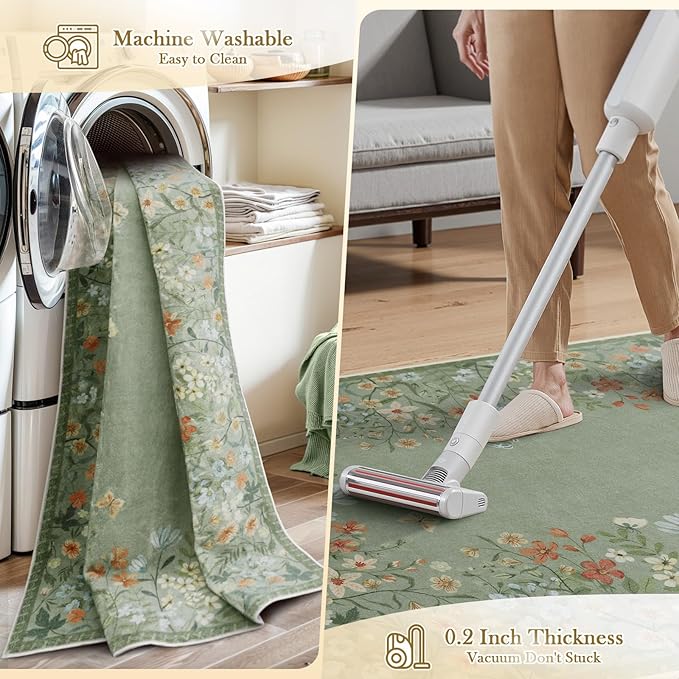 Wonnitar 2x3 Boho Bathroom Rugs Non Slip Washable Kitchen Rug, Green Floral Small Area Rugs for Entryway, Low Pile Soft Door Mat Indoor Entrance Throw Carpet for Bedside Laundry Room (Green,2'x3')