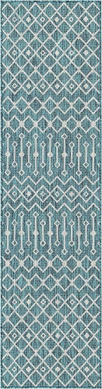 Unique Loom Outdoor Trellis Collection Area Rug - Tribal Trellis (2' x 8' Runner, Teal/ Ivory)
