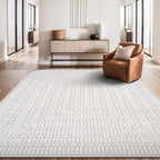 Beverly Rug Modern Geometric Area Rug 6x9 Low-High Pile Durable Soft Abstract Grid Indoor Rugs for Living Dining Room Office Stain Resistant Non Shedding Casual Indoor Carpet Beige White 6 x 9