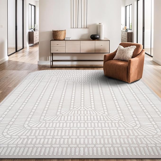 Beverly Rug Modern Geometric Area Rug 4x6 Low-High Pile Durable Soft Abstract Grid Indoor Rugs for Living Dining Room Office Stain Resistant Non Shedding Casual Indoor Carpet Beige White 4 x 6