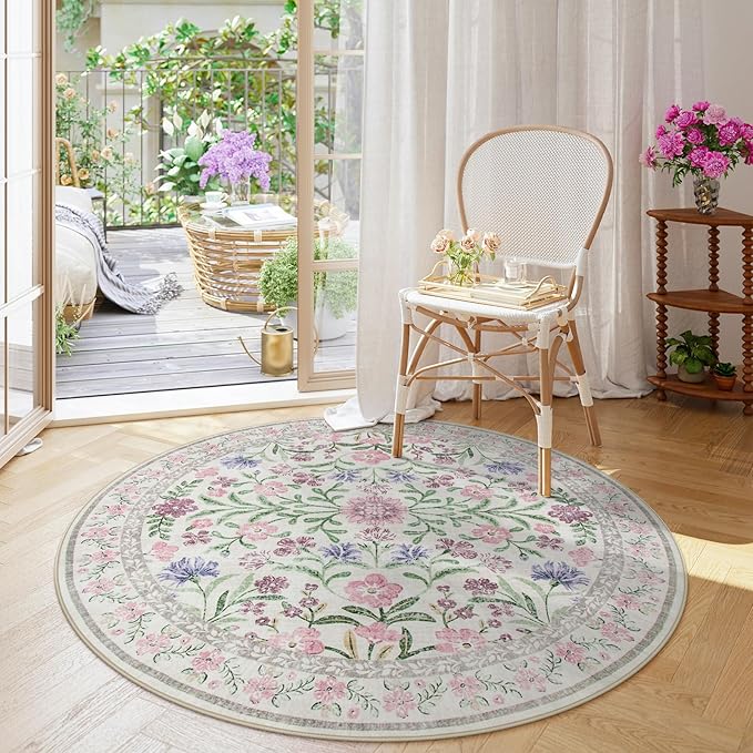 Wonnitar Floral Washable Round Rugs 6ft, Purple Circle Rugs for Bedroom Girls Dorm, Ultra-Thin Non Slip Boho Carpet for Nursery Girls Room Decor Living Room Playroom, Light Purple/Pink