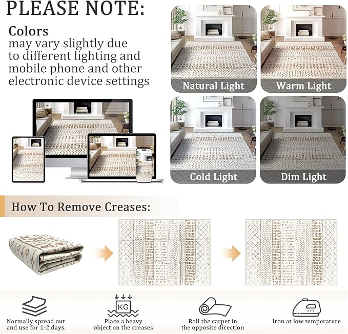 5x7 Machine Washable Area Rug for Living Room, Brown White Vintage Moroccan Rug Large Non-Slip Low Pile Soft Faux Wool Carpet, Kids and Pets Friendly for Bedroom Dining Room Farmhouse Home Decor Rug