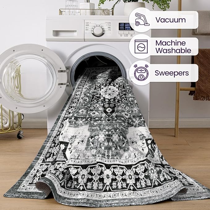 DEXI 8x10 Area Rug for Living Room, Washable Vintage Farmhouse Thin Rug Indoor Floor, Non Slip Stain Resistant Low Pile Carpet for Dining Room Bedroom Office, White Grey