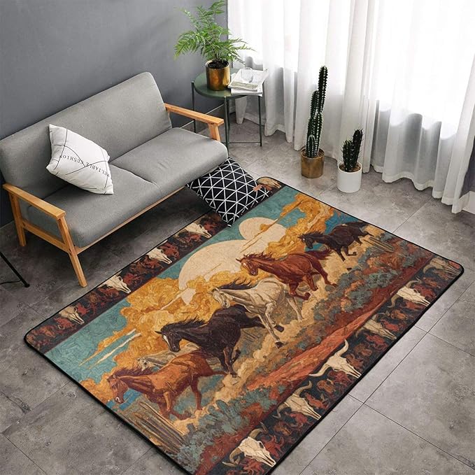 Horse Western Boho Ethnic Style Area Rug Washable Outdoor Rugs Anti-Slip Soft Carpet Entryway Indoor Door Mat for Bedroom,Living Room,Porch,Terrace and Entrance Decor 2'x 1.4'
